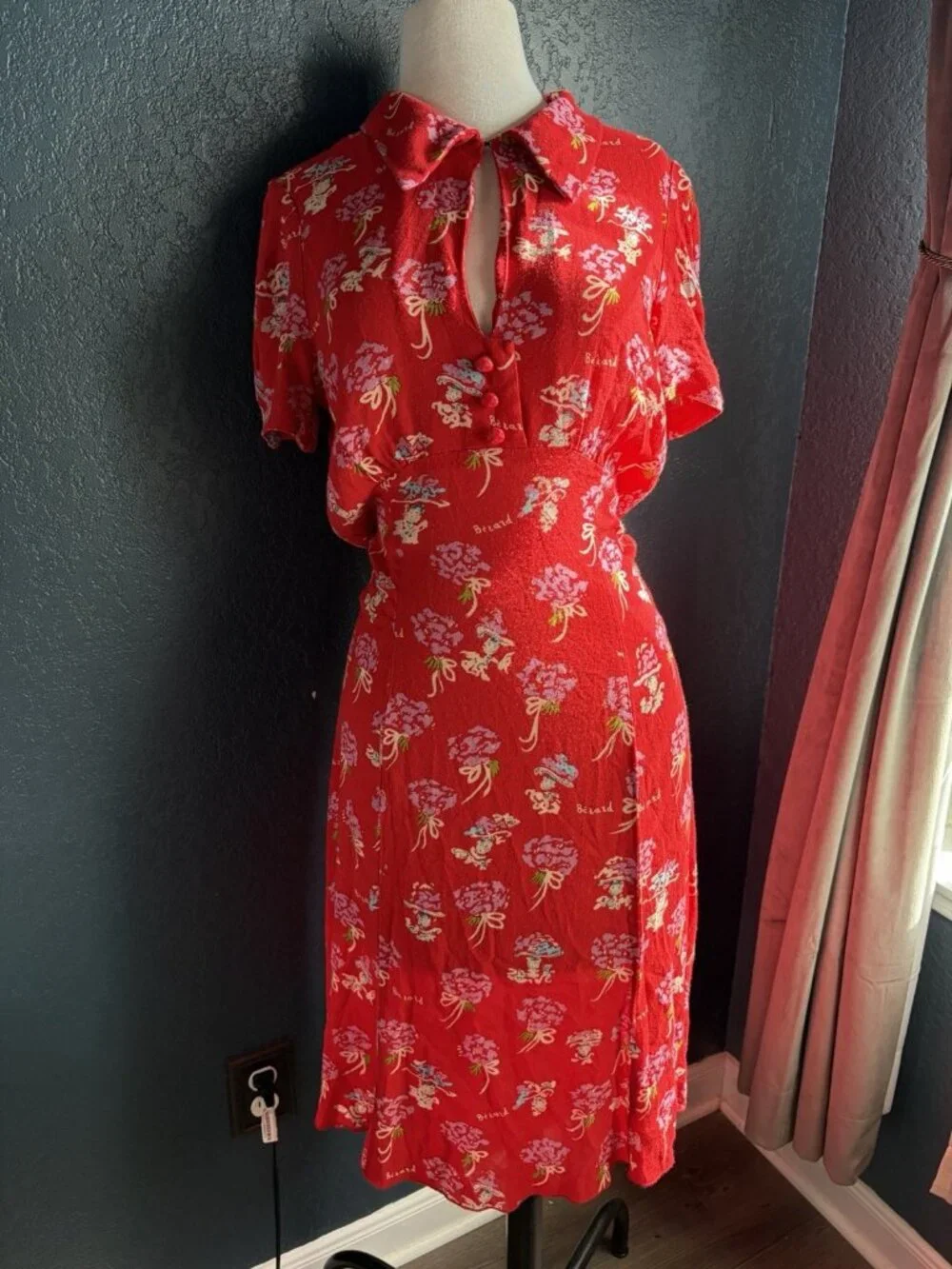 Anna Sui Berard Vintage Tomato Red Floral Dress Sz 6 Short Sleeve 40s inspired - Picture 1 of 12